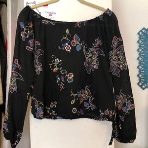 Black Off The Shoulder Floral Side Tie Long Sleeve